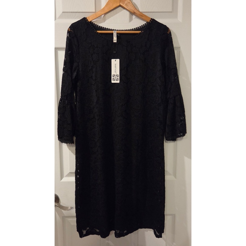 Leshop Black Floral Lace Shift Dress M Bell Sleeve Cocktail Party NWT $43